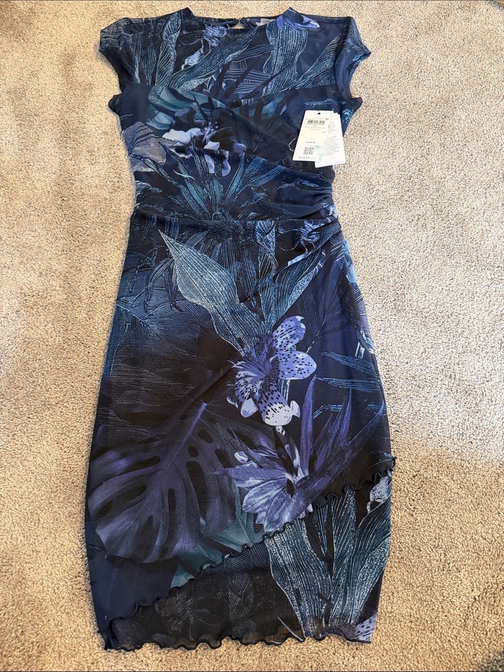 NWT Guess Eco Floral Stretch Sheath Mini Dress - Blue - XS